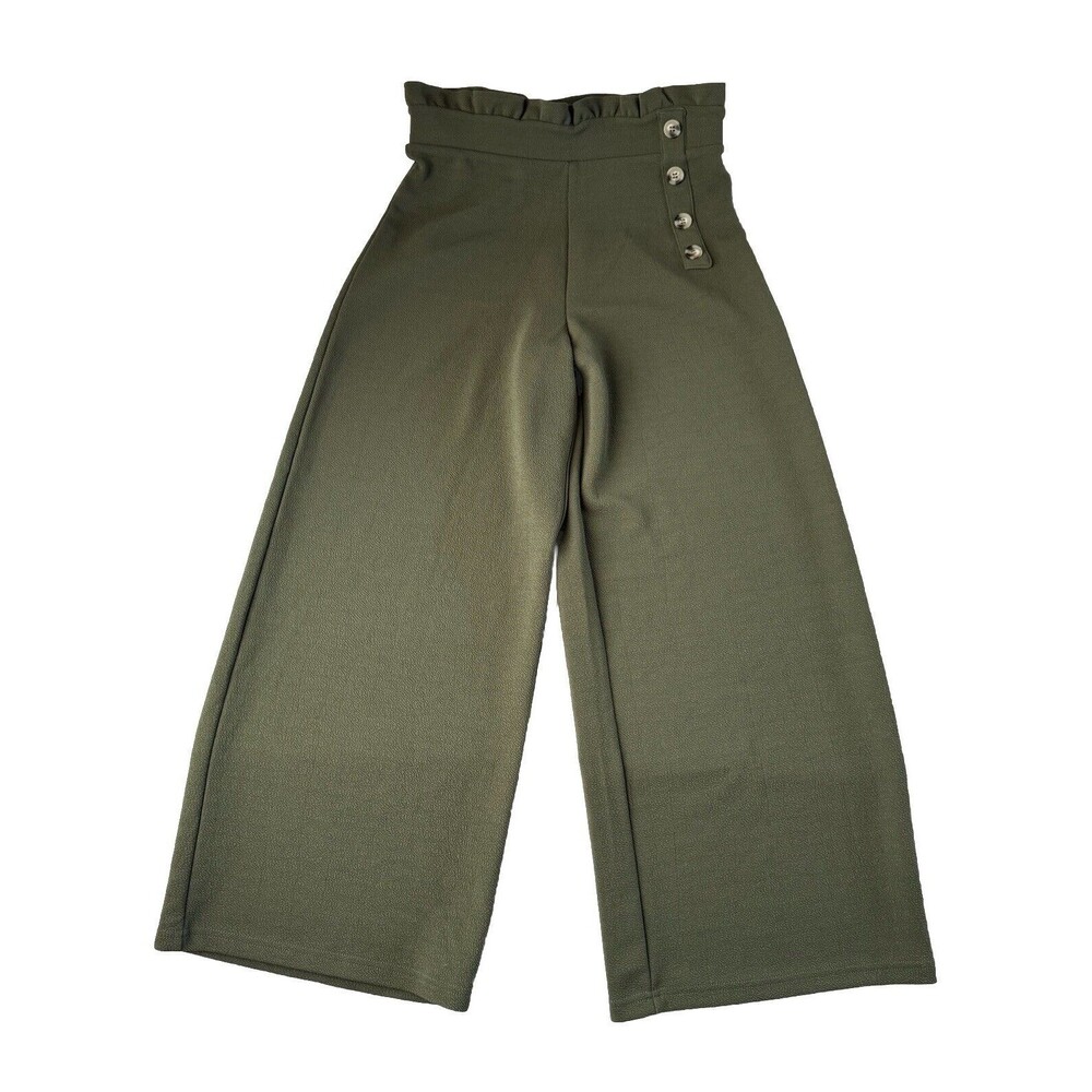 Derek Heart Womans Casual Wide Leg Pants M Olive Green Ruffle Waist Button